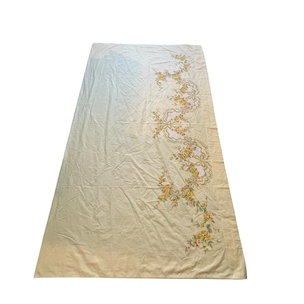 Vintage JC Penneys Flat Sheet Yellow‎ Gold Ribbon Floral Bedsheet
